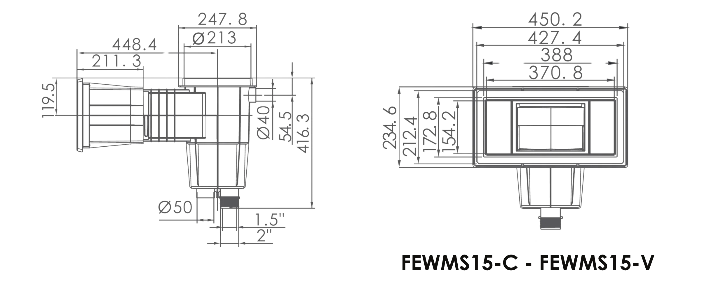 15L Wide Mouth Wall Skimmer Dimensions